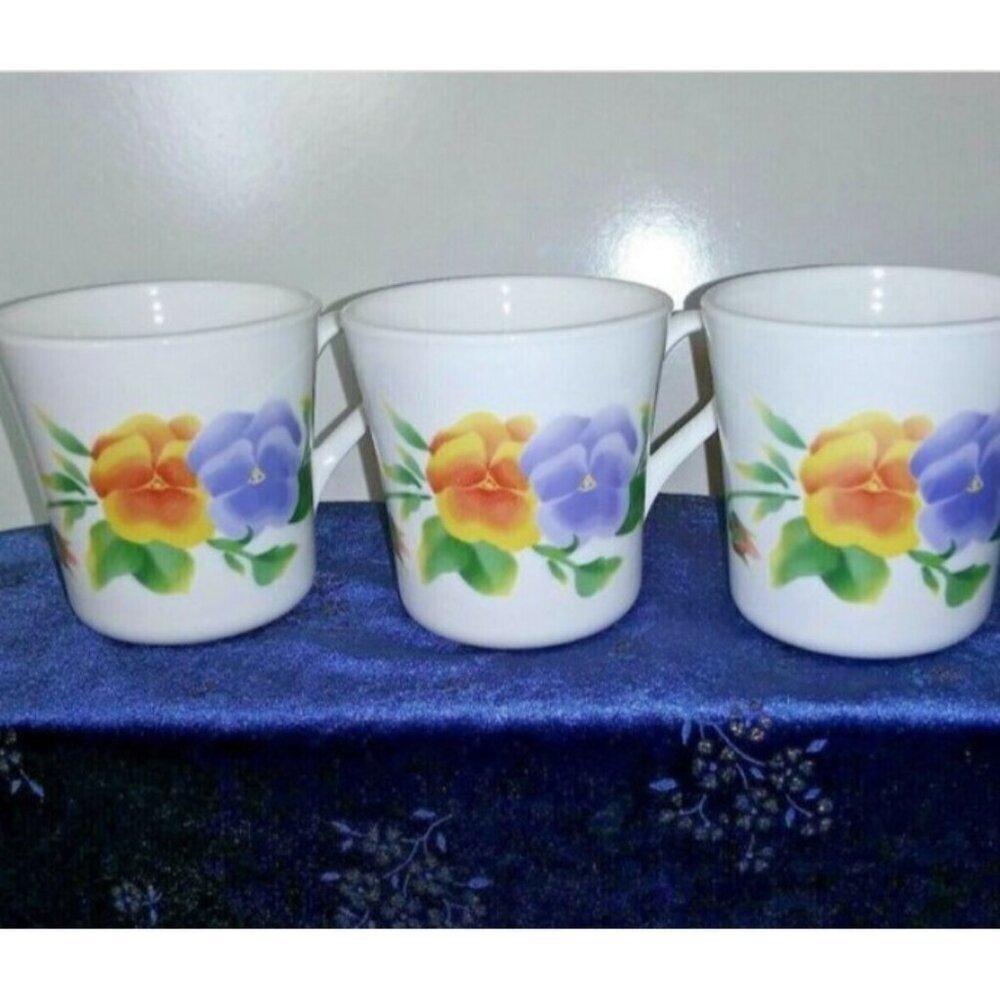 Corning Corelle Summer Blush Pansy Mugs Set of 3 Made in USA coffee tea cups EUC